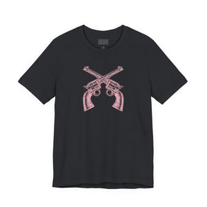 Black unisex cotton t-shirt with crossed pink vintage pistols graphic on front Cotton Candy Outlaw Pistols Graphic Tee