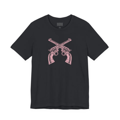 Black unisex cotton t-shirt with crossed pink vintage pistols graphic on front Cotton Candy Outlaw Pistols Graphic Tee