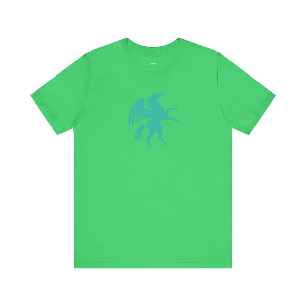 Green crew neck cool graphic t shirt with turquoise Pegasus graphic from the Mythical Series.