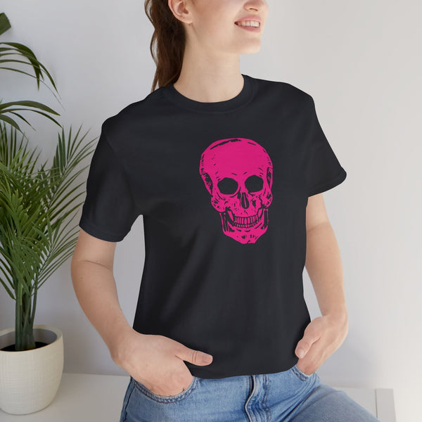 Unisex black tee with vibrant pink skull design on front, casual comfortable fit.