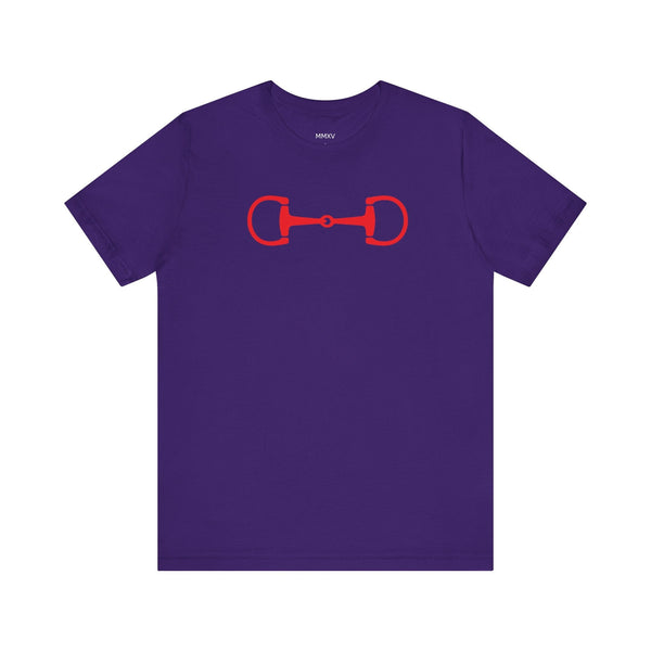 Purple equestrian t-shirt with red horse bit graphic for equestrian fashion fans