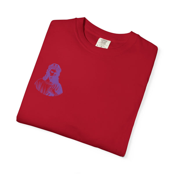 Purple Jumbo Jesus Back Print Tee with Purple Mini Jesus Front Left Graphic Tee - Iconic by Sandra Oles