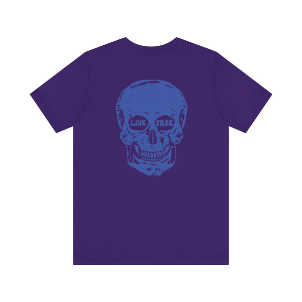Purple streetwear tee with jumbo blue skull back print featuring "Live Free" text in the eyes