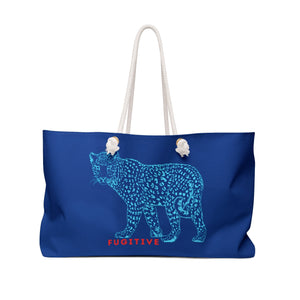 Bold Fugitive Tiger Weekender Bag in blue with a stylized tiger graphic and cream rope handles for travel and daily use