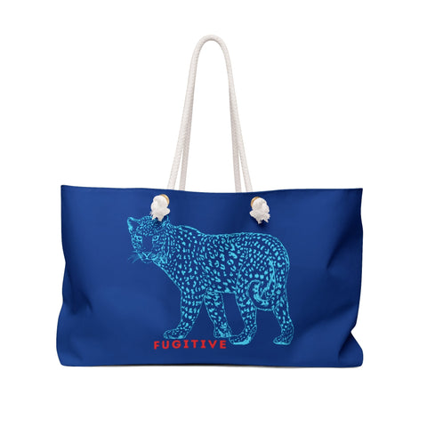 Bold Fugitive Tiger Weekender Bag in blue with a stylized tiger graphic and cream rope handles for travel and daily use