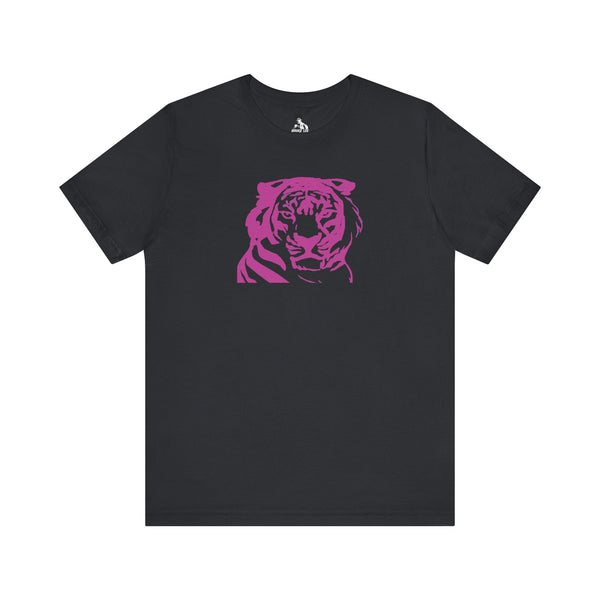 Black 70s style retro tee with bold pink tiger graphic front design