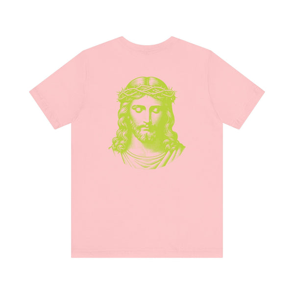 Pink t-shirt with lime green Jumbo Jesus back print portrait and mini Jesus front left graphic.