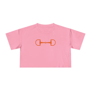 Pink cropped women's tee with orange horse bit graphic, relaxed fit, and country chic style