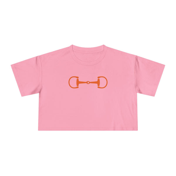 Pink cropped women's tee with orange horse bit graphic, relaxed fit, and country chic style