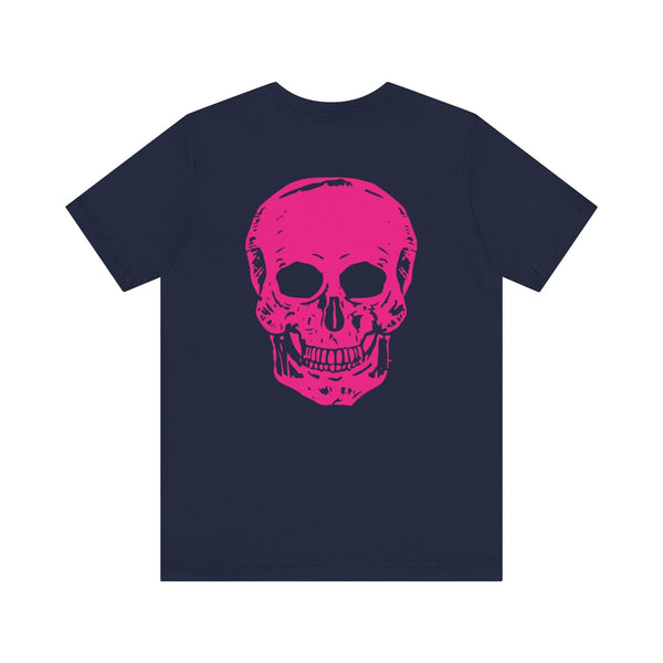 Navy punk rock t-shirt with bold pink skull graphic on back and small pink skull print on left chest.
