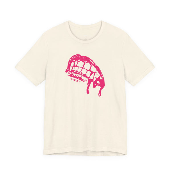 Pink vampire fang graphic t-shirt with dripping blood design on lightweight cotton fabric