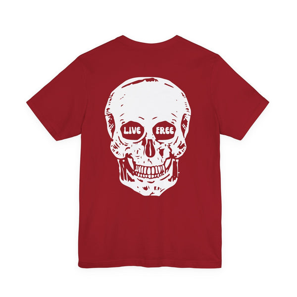 Red streetwear t-shirt with a large white skull graphic on the back featuring "Live Free" text in the eye sockets.