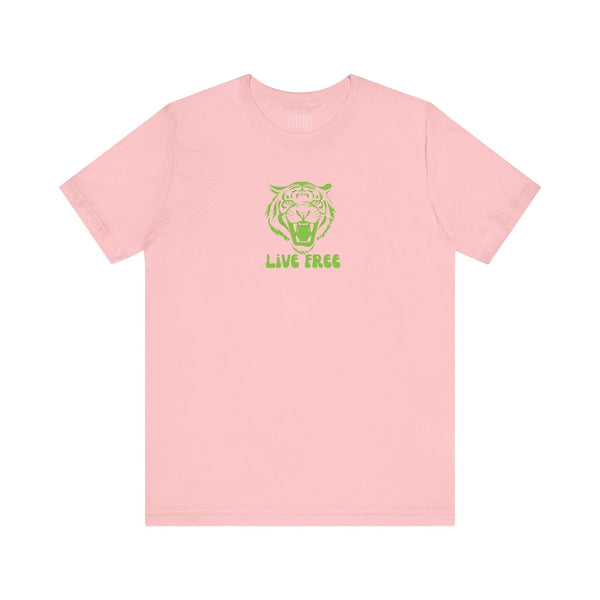 Pink Green Live Free streetwear tee with roaring tiger graphic and crew neckline