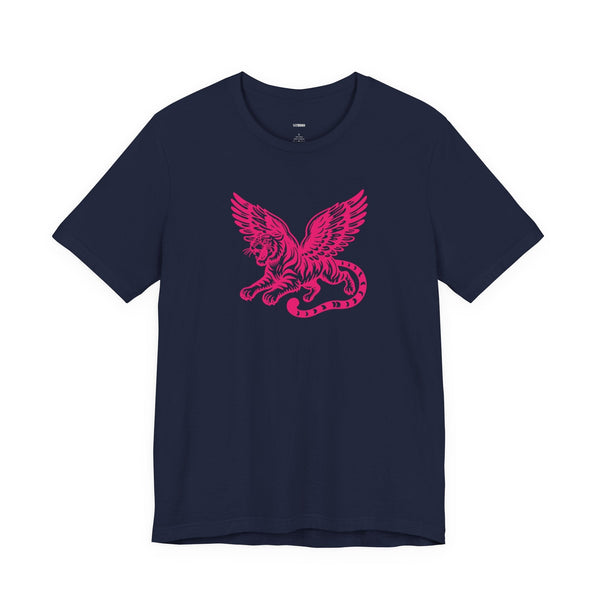 Navy blue mythical t shirt with a bold pink winged lion graphic, designed for streetwear style.