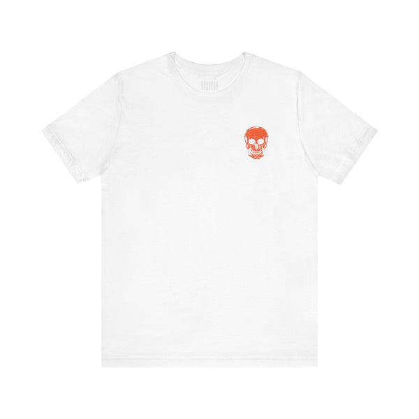 White unisex t-shirt with small orange skull graphic on left chest, casual streetwear style