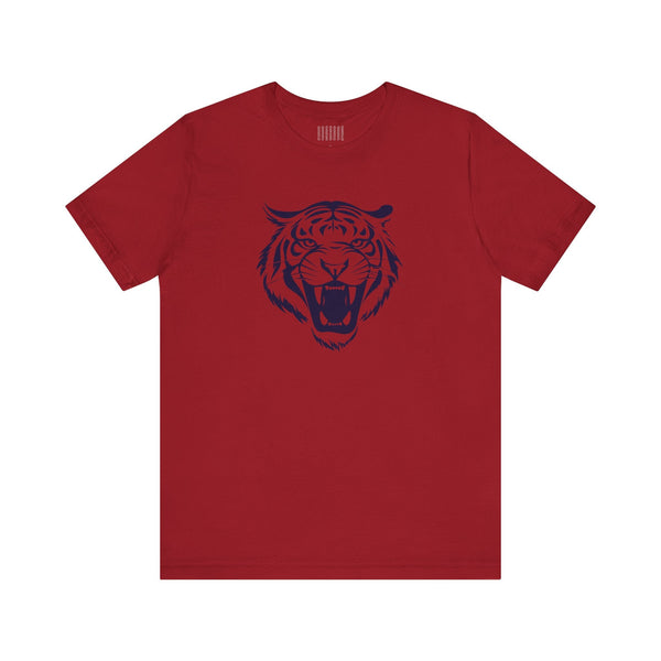 Red graphic tee with navy blue roaring tiger head print front design