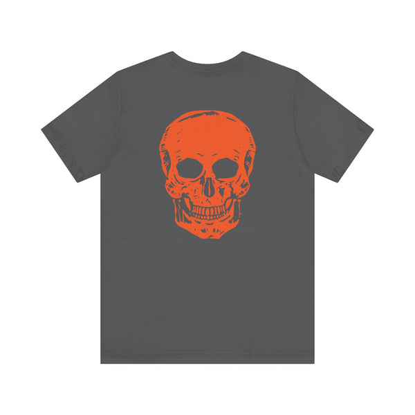 Orange Jumbo Skull Back Print featuring a Mini Orange Skull left Front Graphic Tee