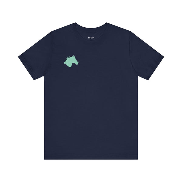Navy blue equestrian t-shirt with minimalist mint green horse head graphic on left chest, made of soft breathable cotton.
