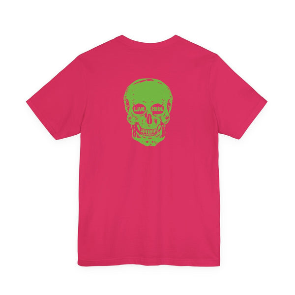 Pink streetwear t-shirt with bold green skull graphic and "Live Free" text on the back