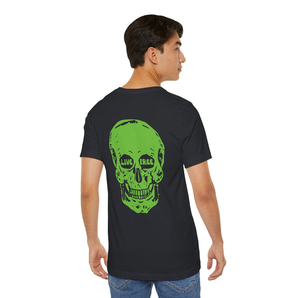 Black tee with large green skull back print reading "Live Free" from Fugitive Tees collection