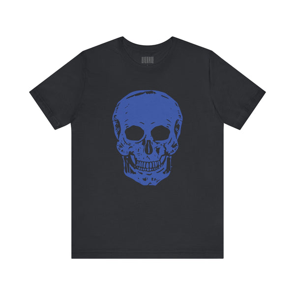 Black skull tee with a large blue skull graphic on the front for bold streetwear style