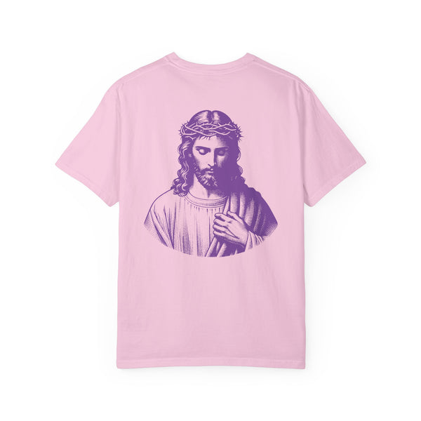 Purple religious shirt with large purple Jesus graphic on the back and small front left mini Jesus print