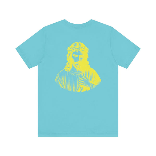 Light blue Christian streetwear t-shirt with a jumbo yellow Jesus graphic on the back