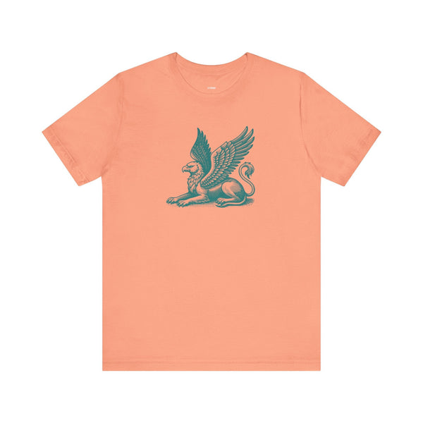 Peach gryphon t shirt with detailed mythical winged beast graphic, made of soft cotton, perfect for casual and festival wear.