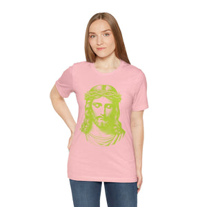 woman wearing pink christian t-shirt with jumbo lime green Jesus graphic and crown of thorns