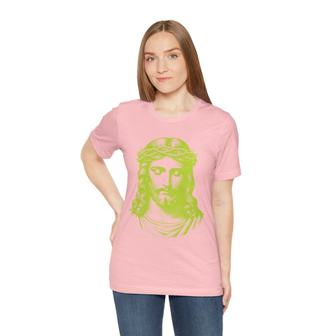 woman wearing pink christian t-shirt with jumbo lime green Jesus graphic and crown of thorns