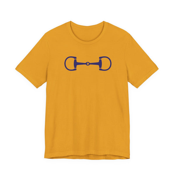 Mustard yellow stylish equestrian t-shirt with navy blue horse bit front graphic, casual and comfortable equestrian-inspired shirt.
