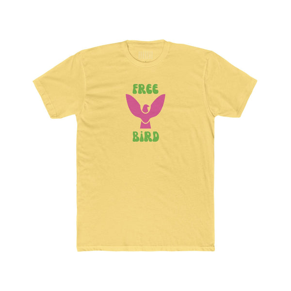 Yellow Free Bird graphic tee with pink bird and green vintage lettering, unisex cotton shirt.