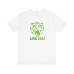 White T-shirt with green retro roaring tiger graphic and "Live Free" text from Fugitive Tees collection