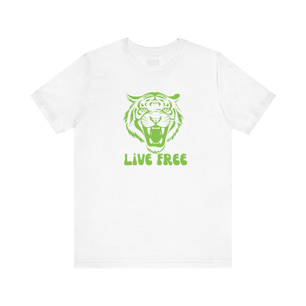 White T-shirt with green retro roaring tiger graphic and "Live Free" text from Fugitive Tees collection