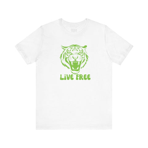 White T-shirt with green retro roaring tiger graphic and "Live Free" text from Fugitive Tees collection