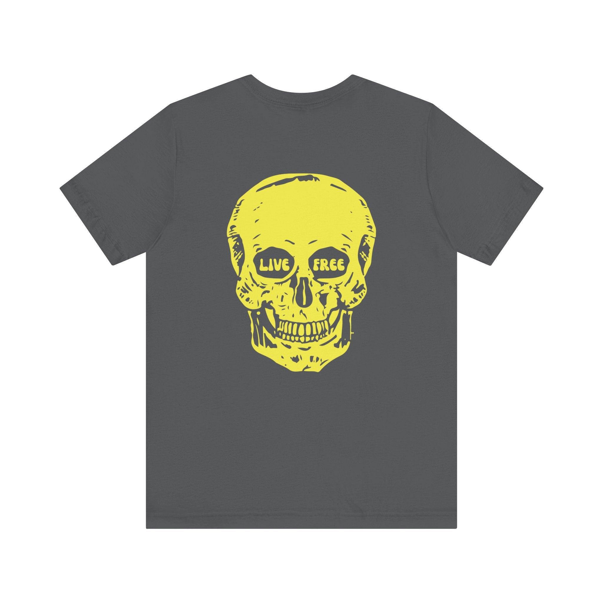 Indie style dark gray tee with jumbo yellow skull back print and "LIVE FREE" lettering in the eyes