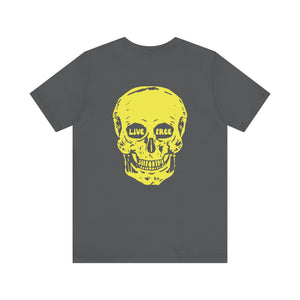 Indie style dark gray tee with jumbo yellow skull back print and "LIVE FREE" lettering in the eyes