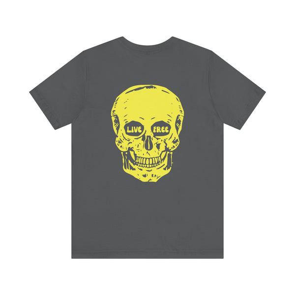 Indie style dark gray tee with jumbo yellow skull back print and "LIVE FREE" lettering in the eyes