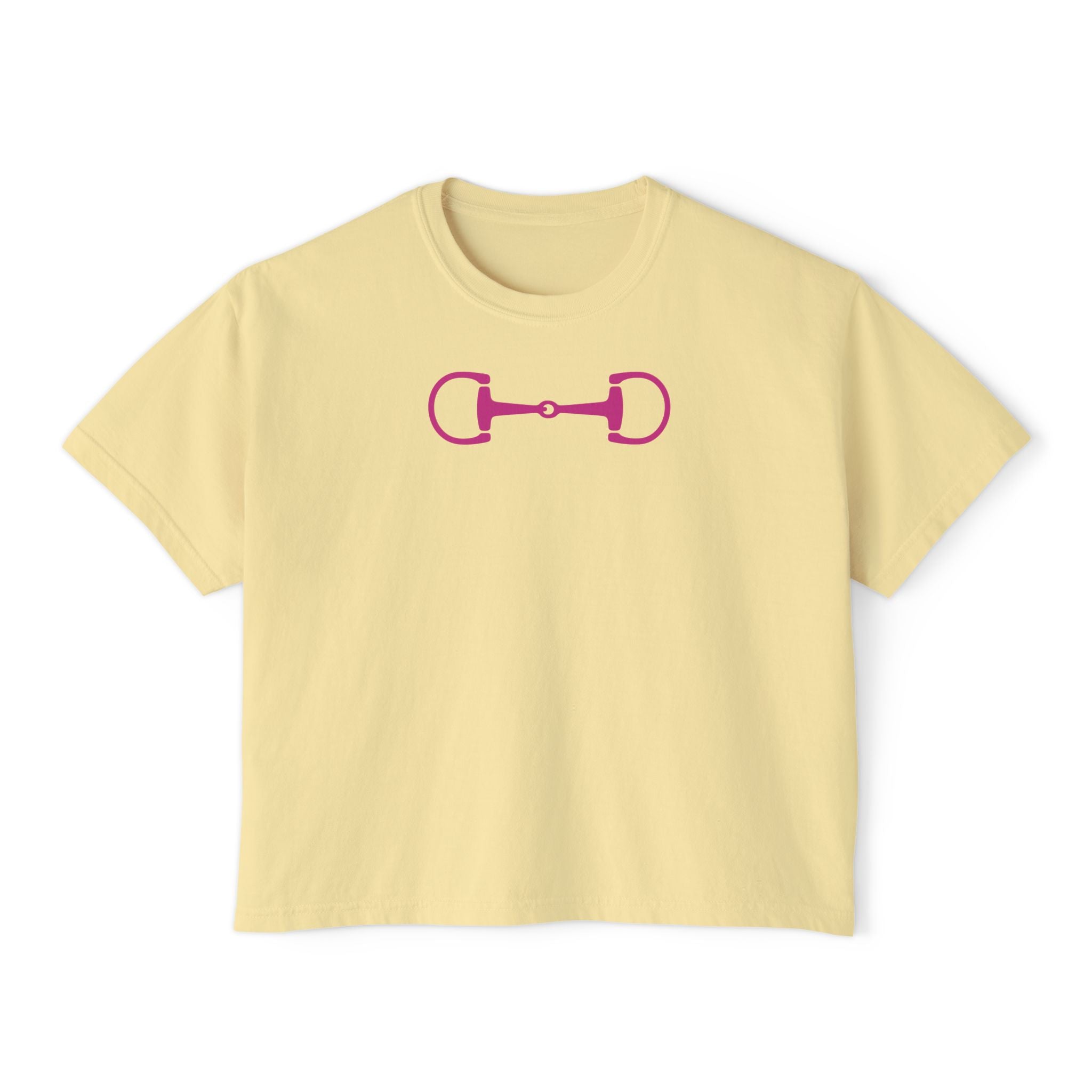 Cream boxy fit t shirt with hot pink horsebit equestrian graphic on front