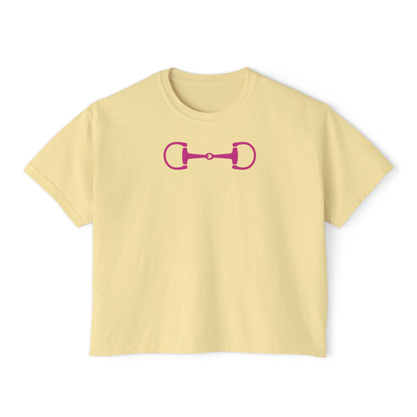 Cream boxy fit t shirt with hot pink horsebit equestrian graphic on front