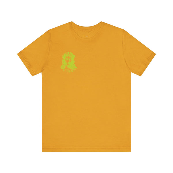 Mustard yellow t-shirt with a mini lime green Jesus graphic on the front left chest