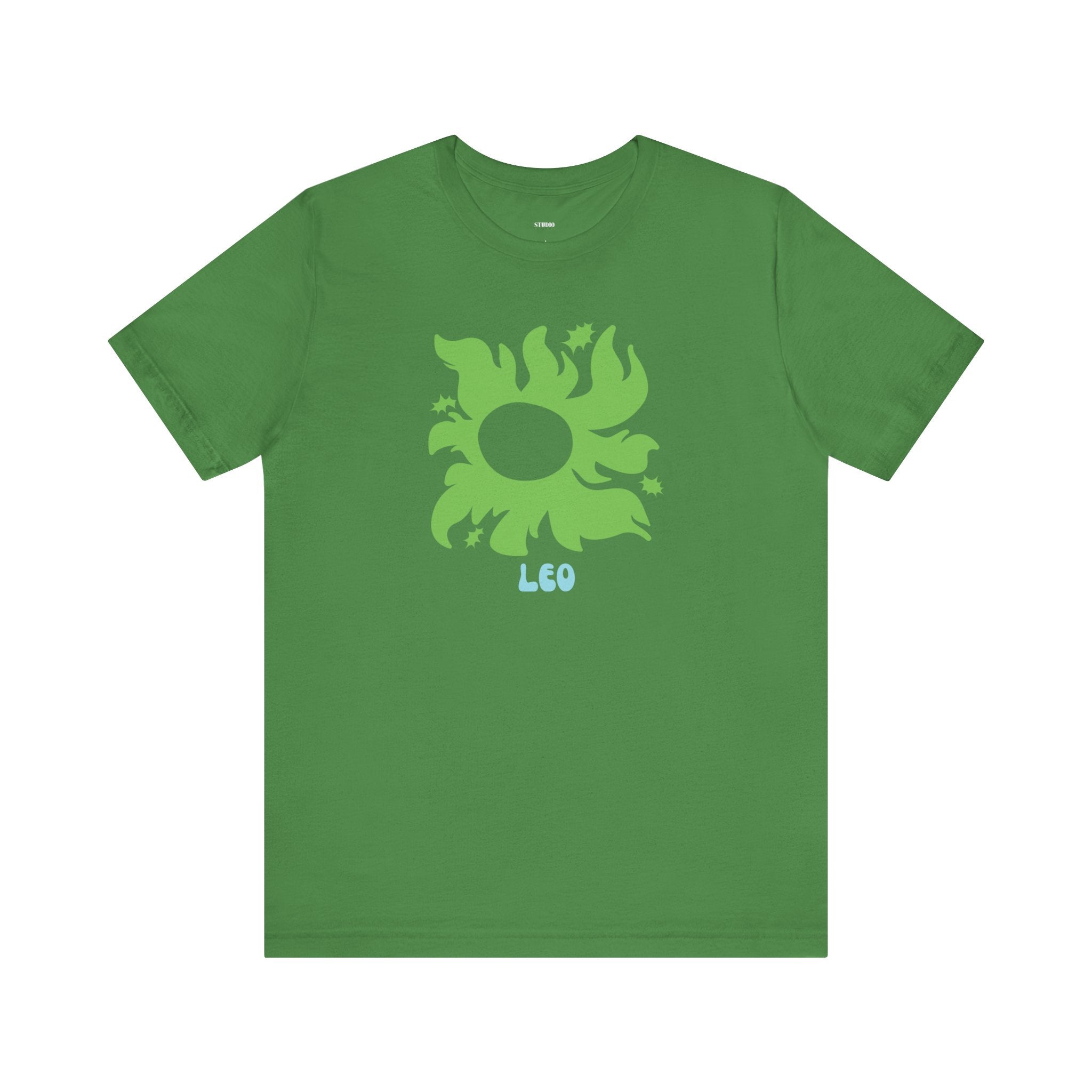 Green Leo astrology t shirt with sunburst and star design on soft cotton fabric