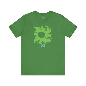 Green Leo astrology t shirt with sunburst and star design on soft cotton fabric