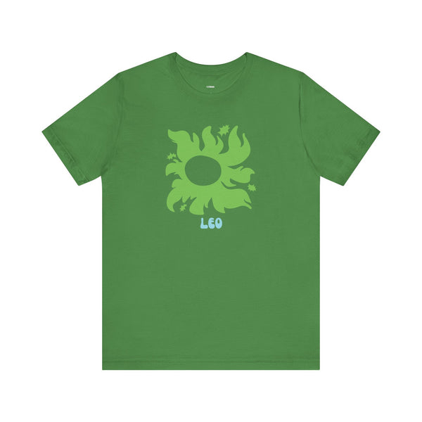 Green Leo astrology t shirt with sunburst and star design on soft cotton fabric