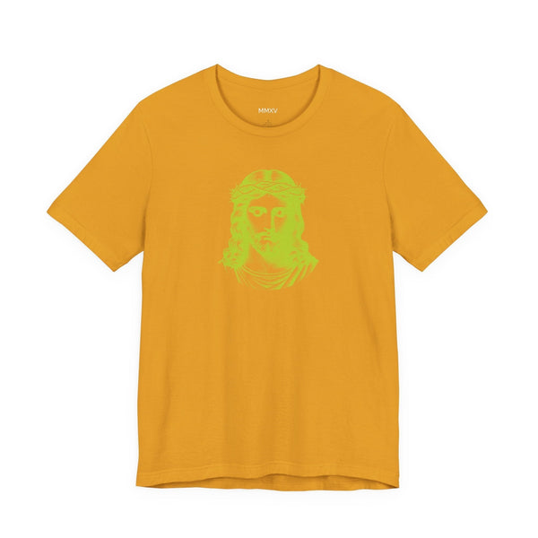 Unisex mustard yellow Christian graphic tee with lime green Jesus face print on front
