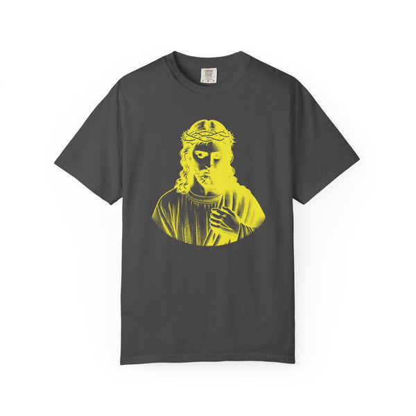 Unisex charcoal tee with a yellow Jesus Crown of Thorns graphic, religious graphic tee by Sandra Oles