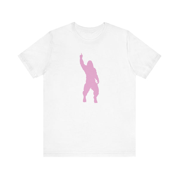 White bigfoot t shirt with a cheeky pink Sasquatch silhouette graphic in mid-strut pose