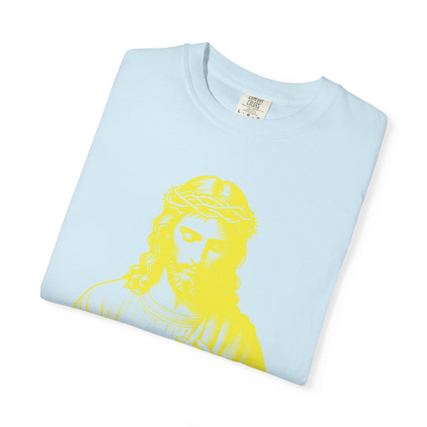 Light blue religious graphic tee featuring a yellow Jesus Crown of Thorns print by Sandra Oles, garment-dyed soft cotton fabric