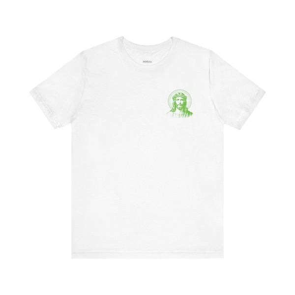White Jesus graphic tee with green jumbo halo Jesus back print and small green Jesus front left chest print