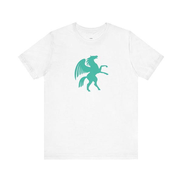 White unisex t-shirt with turquoise Pegasus graphic from the Mythical Series